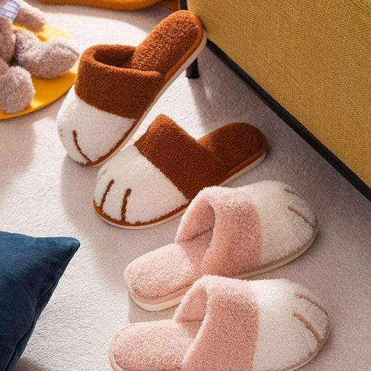 Women’s fluffy cat-paw slippers with fur lining in brown/cream and pink, 3 pairs shown on Tampa Home & Garden Store