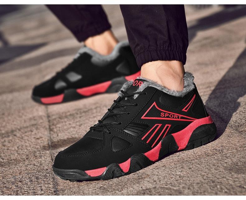 Winter leather sneakers Stevvex black red accents fur lining waterproof laceup anti-slip walking on Tampa Home & Garden Store