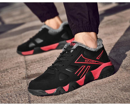 Winter leather sneakers Stevvex black red accents fur lining waterproof laceup anti-slip walking on Tampa Home & Garden Store