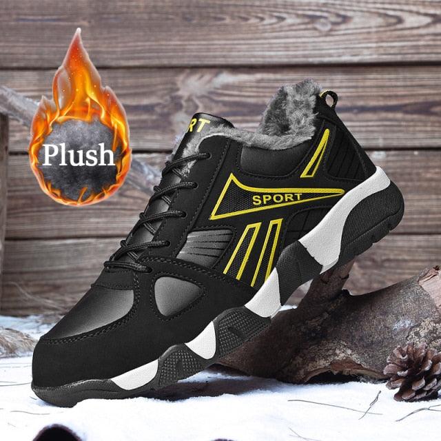 Stevvex winter leather sneakers, black with yellow accents, plush lining and anti-slip sole on Tampa Home & Garden Store