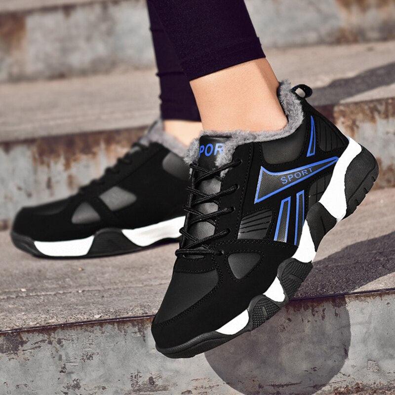 Stevvex men's winter waterproof leather sneakers black with blue accents fur lining lace-up on Tampa Home & Garden Store