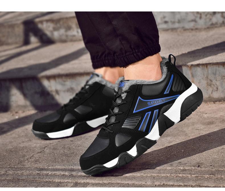 Stevvex men's winter leather sneakers, black with blue accents, warm lining, anti-slip outsole on Tampa Home & Garden Store