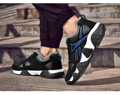 Winter leather sneakers black with blue accents, faux fur lining, anti-slip sole pair on Tampa Home & Garden Store