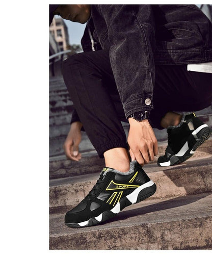 Stevvex Winter leather sneakers blackyellow with faux fur lining laceup anti-slip walking shoes on Tampa Home & Garden Store