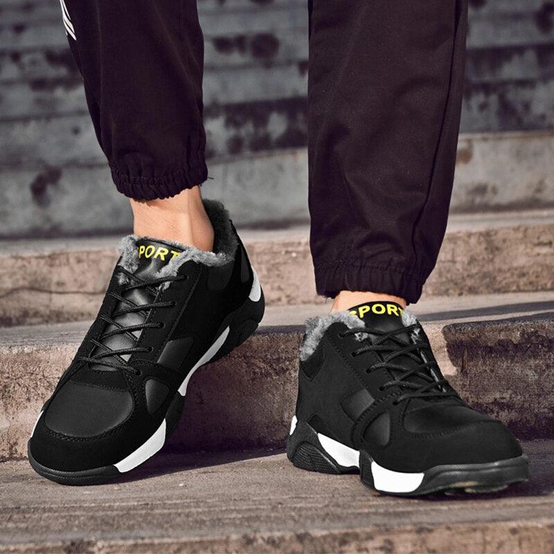 Winter leather sneakers Stevvex in black with faux fur lining and anti-slip sole, pair on Tampa Home & Garden Store