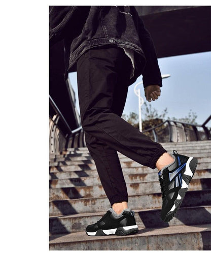 Winter Leather Sneakers lace-up black with blue panels, waterproof anti-slip walking shoes on Tampa Home & Garden Store