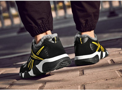 Stevvex Winter Leather Sneakers black upper with yellow accents, grey fur lining, white midsole on Tampa Home & Garden Store