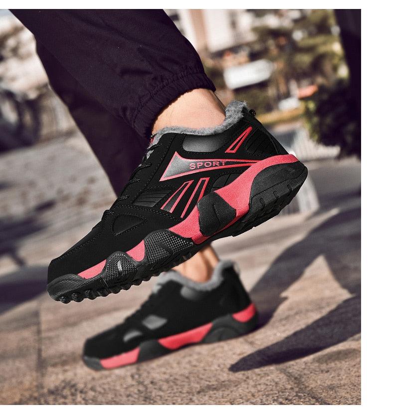 Stevvex winter leather sneakers black with red panels, fur-lined collar and anti-slip sole on Tampa Home & Garden Store
