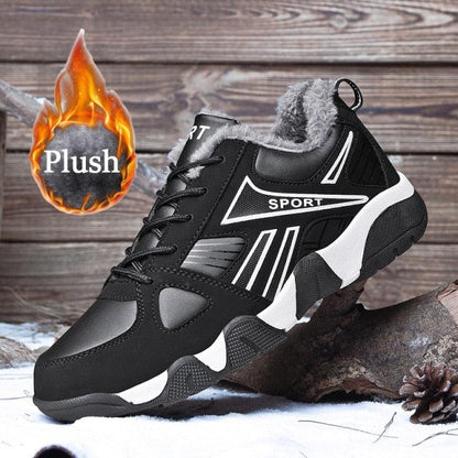 Stevvex black winter leather sneakers with plush gray lining, lace-up, anti-slip sole for warmth on Tampa Home & Garden Store