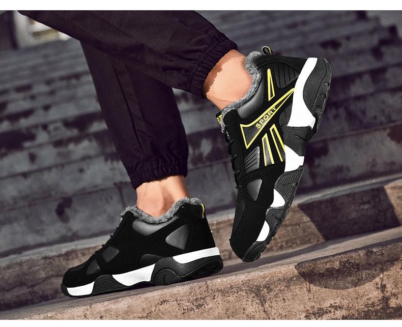 Winter leather sneakers with black upper, grey faux fur lining, lace-up, white chunky sole on Tampa Home & Garden Store