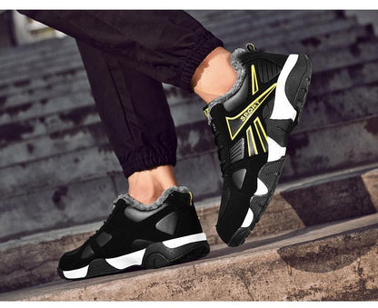 Winter leather sneakers with black upper, grey faux fur lining, lace-up, white chunky sole on Tampa Home & Garden Store