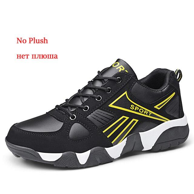 Winter Leather Sneakers black with yellow accents, lace-up casual anti-slip walking shoes on Tampa Home & Garden Store