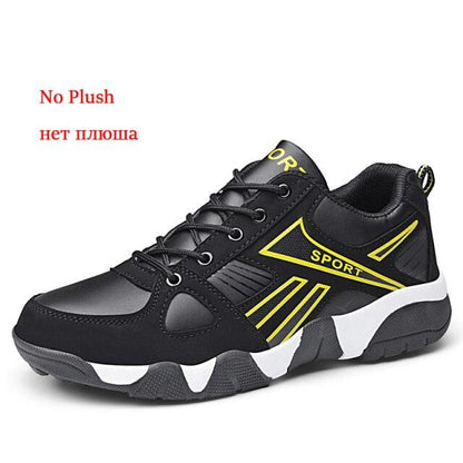 Winter Leather Sneakers black with yellow accents, lace-up casual anti-slip walking shoes on Tampa Home & Garden Store