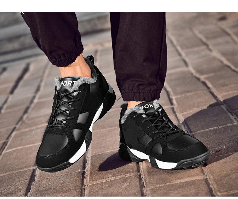 Winter leather sneakers Stevvex with black leather upper, grey fur lining, white sole on Tampa Home & Garden Store