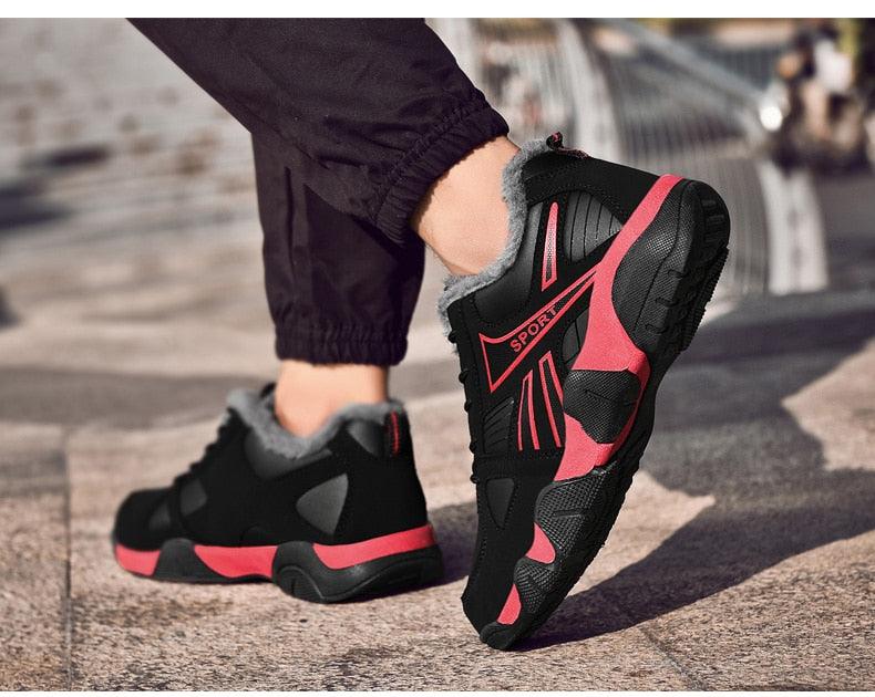 Winter Leather Sneakers by Stevvex, black with red accents and faux fur lining, waterproof on Tampa Home & Garden Store