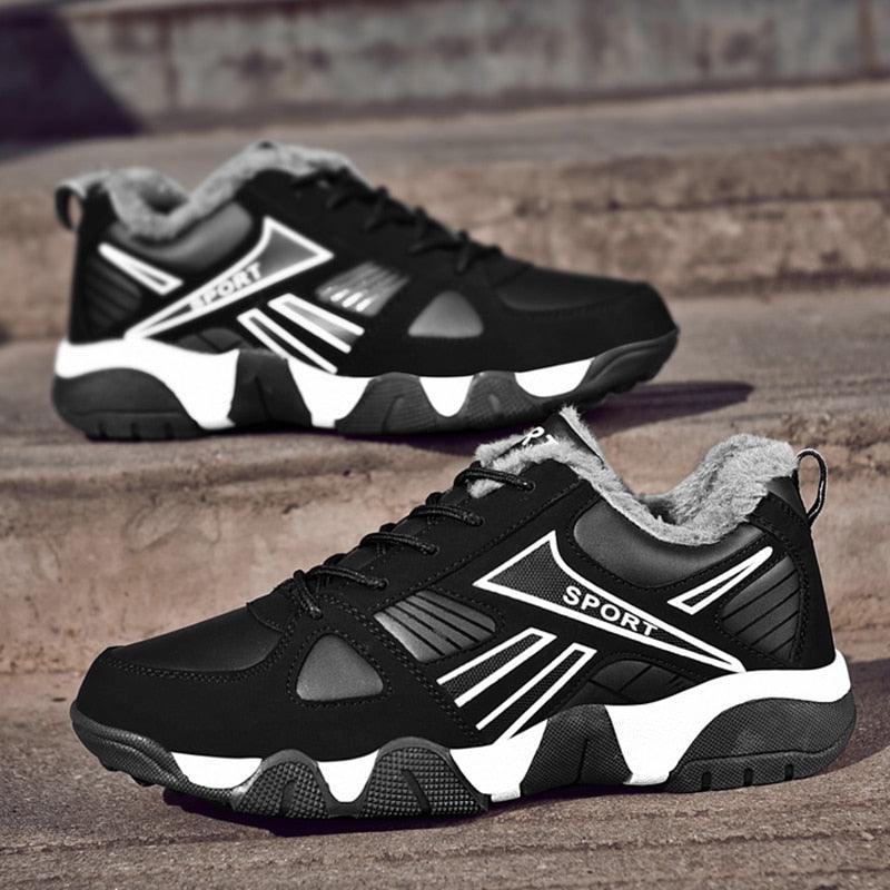 Stevvex Winter Leather Sneakers black with gray faux fur lining, anti-slip outsole, pair on Tampa Home & Garden Store