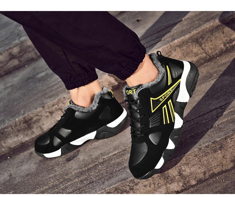 Stevvex winter leather sneakers for men black with yellow accents on Tampa Home & Garden Store
