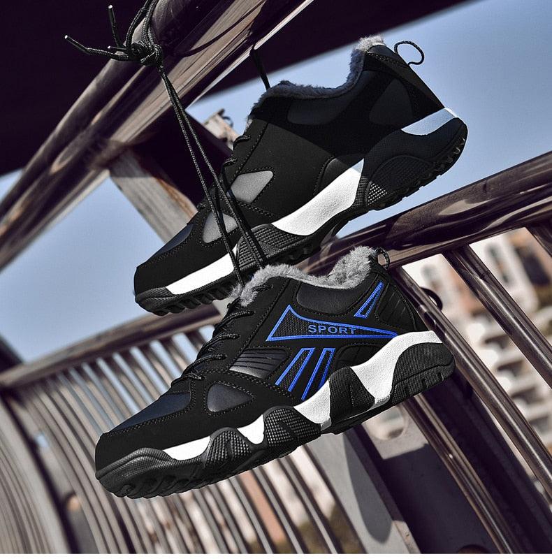 Stevvex winter leather sneakers black with blue accents faux fur lining anti-slip outsole on Tampa Home & Garden Store