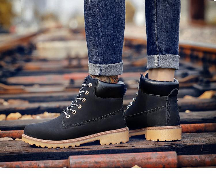 Stevvex black leather winter ankle boots with tan lug sole, lace-up, metal eyelets, pair on Tampa Home & Garden Store
