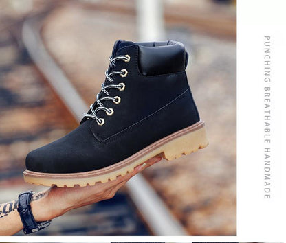 Stevvex black leather fur-lined winter boots with tan lug sole on Tampa Home & Garden Store