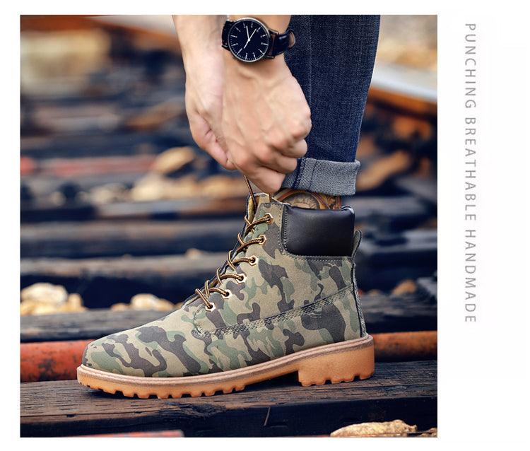 Stevvex camo boots, fur-lined lace-up ankle boot, tan sole on Tampa Home & Garden Store