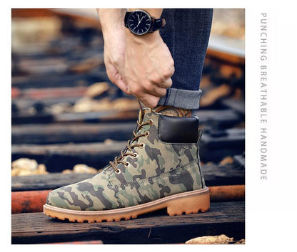 Stevvex camo boots, fur-lined lace-up ankle boot, tan sole on Tampa Home & Garden Store