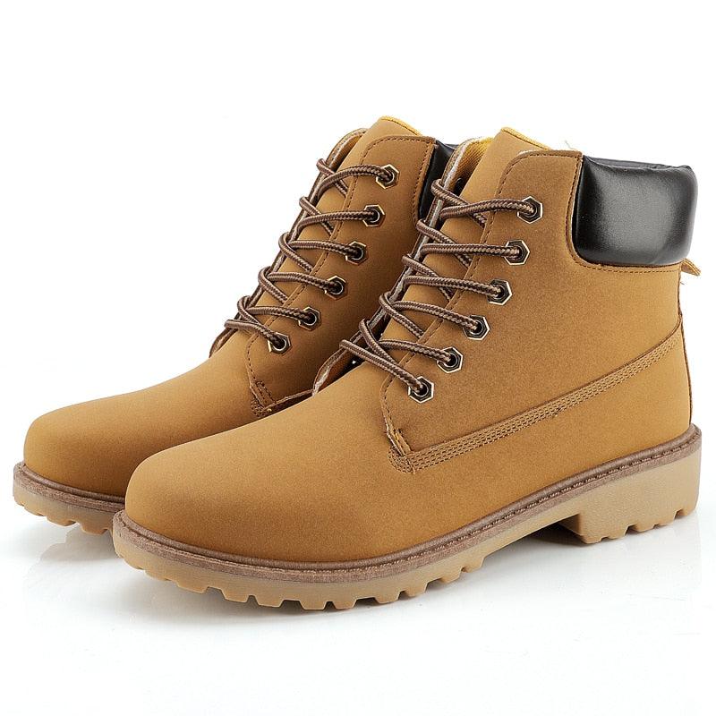 Stevvex winter luxury boots pair: tan leather fur-lined ankle boots with lace-up, rugged lug sole on Tampa Home & Garden Store