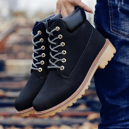 Stevvex men's winter boots black leather fur-lined ankle boots with gold eyelets and lug sole on Tampa Home & Garden Store