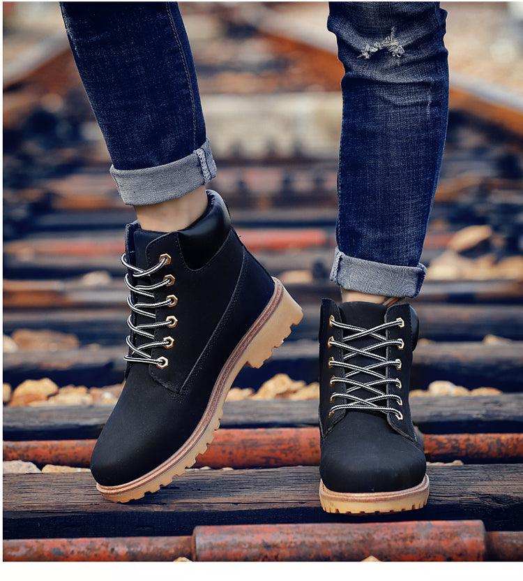 Winter leather ankle boots for men, Stevvex, black fur lining, lace-up, beige sole on Tampa Home & Garden Store