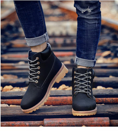 Winter leather ankle boots for men, Stevvex, black fur lining, lace-up, beige sole on Tampa Home & Garden Store