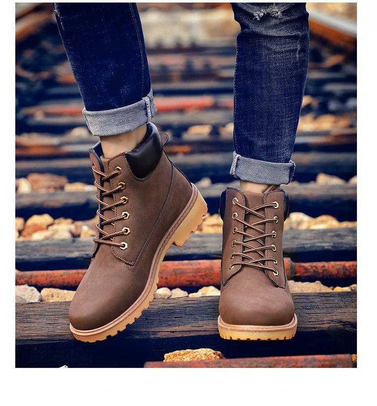 Stevvex Winter Boots for Men pair brown leather fur-lined ankle boots with lace-up outsole on Tampa Home & Garden Store