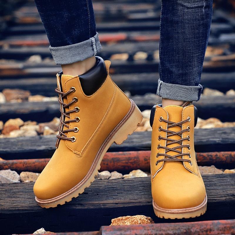 Winter leather boots for men Stevvex tan fur-lined ankle boots with non-slip rugged sole pair on Tampa Home & Garden Store