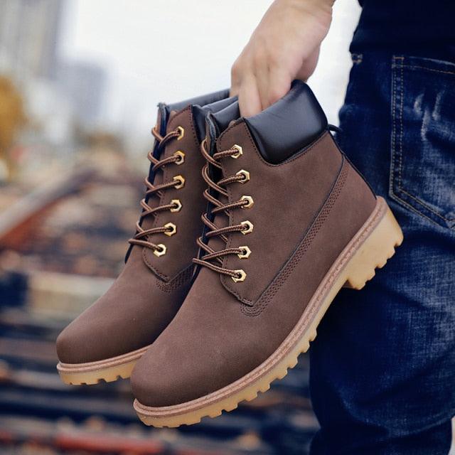 Stevvex men's brown leather fur-lined winter boots with rugged lug sole on Tampa Home & Garden Store