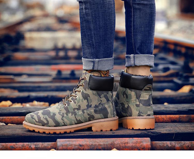Camouflage ankle boots for men with lace-up front, black padded collar, rugged tan sole on Tampa Home & Garden Store
