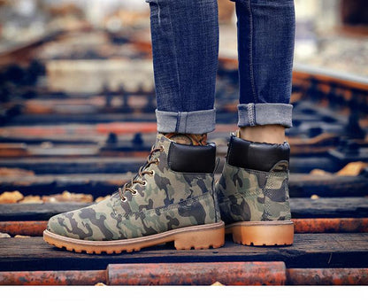 Camouflage ankle boots for men with lace-up front, black padded collar, rugged tan sole on Tampa Home & Garden Store
