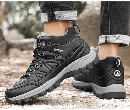 Stevvex winter men's hiking boots pair, waterproof leather, fur-lined, black with gray sole on Tampa Home & Garden Store