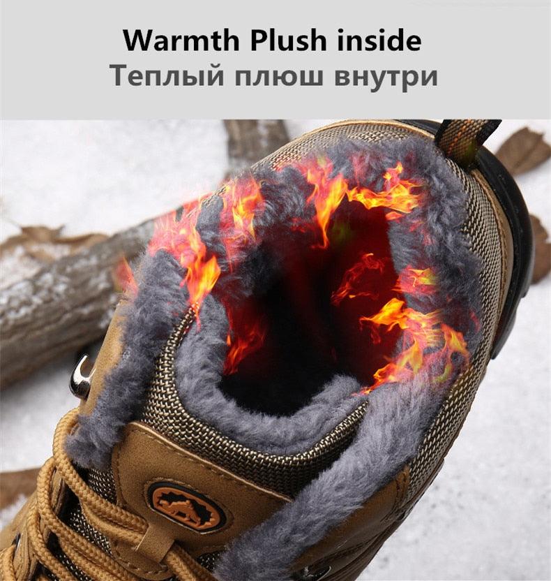 Stevvex Winter leather hiking boots, brown waterproof ankle boots with grey fur lining on Tampa Home & Garden Store