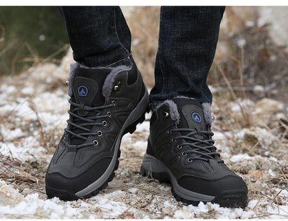 Stevvex winter men's boots black leather waterproof hiking boots with fur lining on Tampa Home & Garden Store