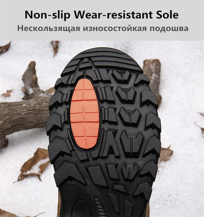 Winter men's boots rugged black outsole with orange tread insert on snow on Tampa Home & Garden Store