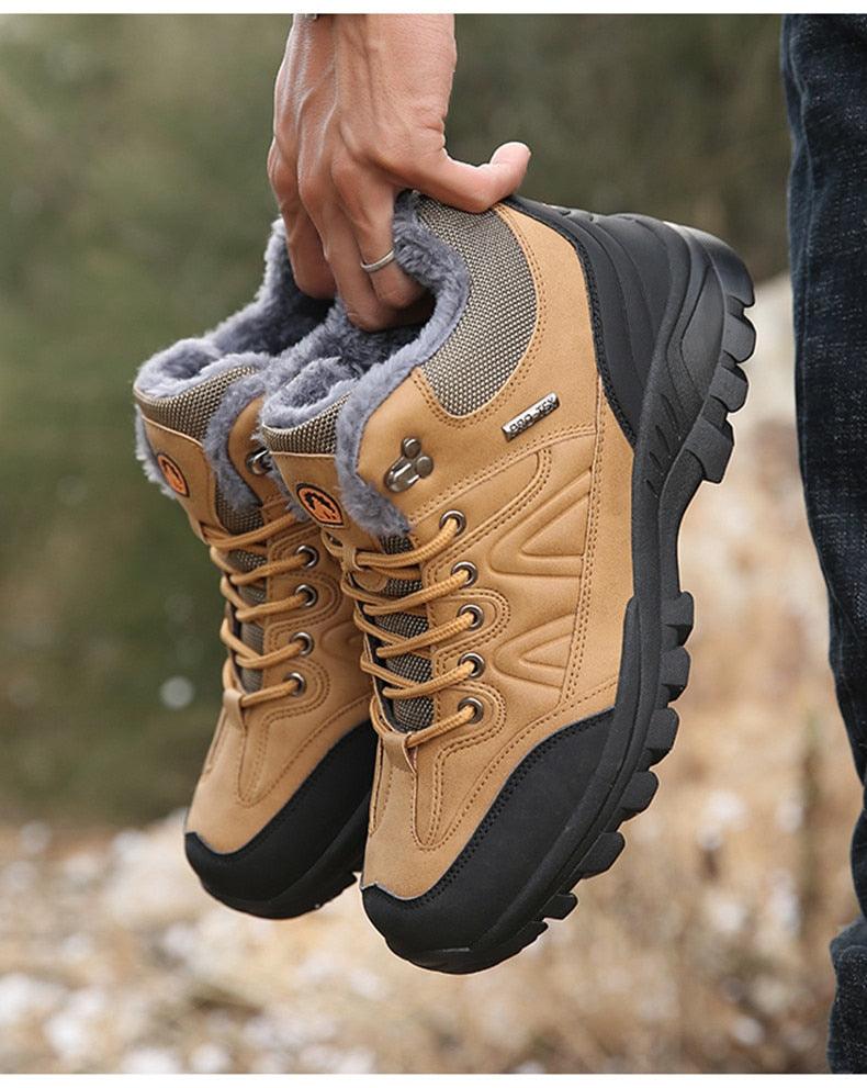 Stevvex winter boots for men, tan leather with faux fur lining and rugged outsole pair on Tampa Home & Garden Store