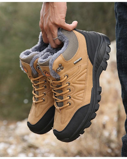 Stevvex winter boots for men, tan leather with faux fur lining and rugged outsole pair on Tampa Home & Garden Store