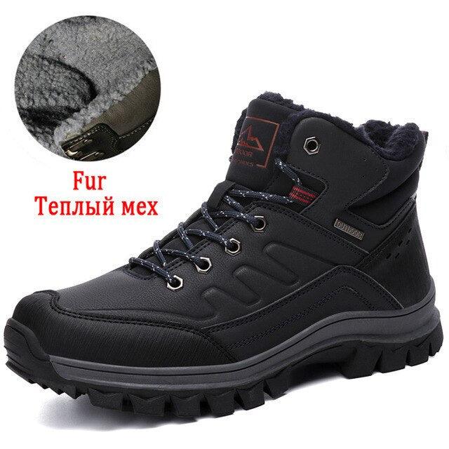 Stevvex Winter Mens Boots black leather with plush fur lining, waterproof hiking style on Tampa Home & Garden Store