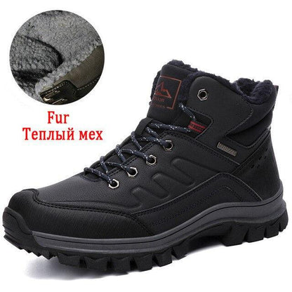 Stevvex Winter Mens Boots black leather with plush fur lining, waterproof hiking style on Tampa Home & Garden Store