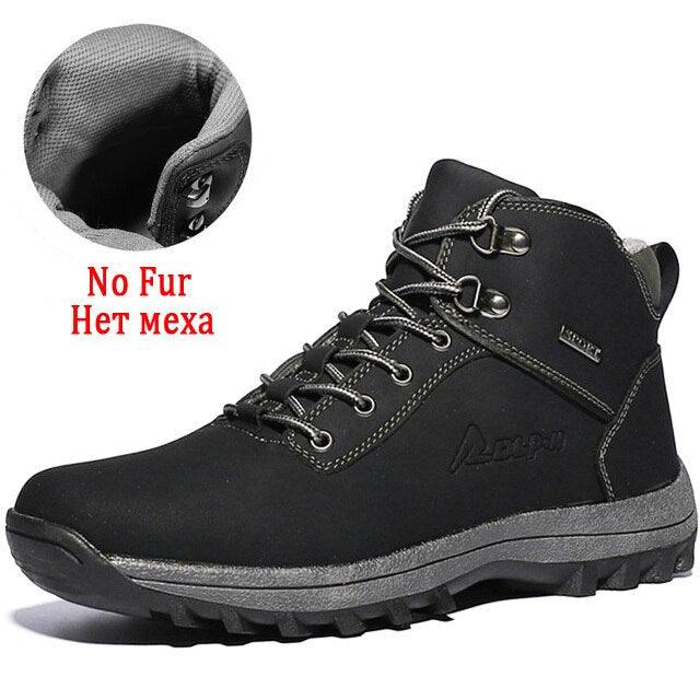 Stevvex black waterproof winter boots for men, leather ankle hiking boots with rugged outsole, no fur on Tampa Home & Garden Store