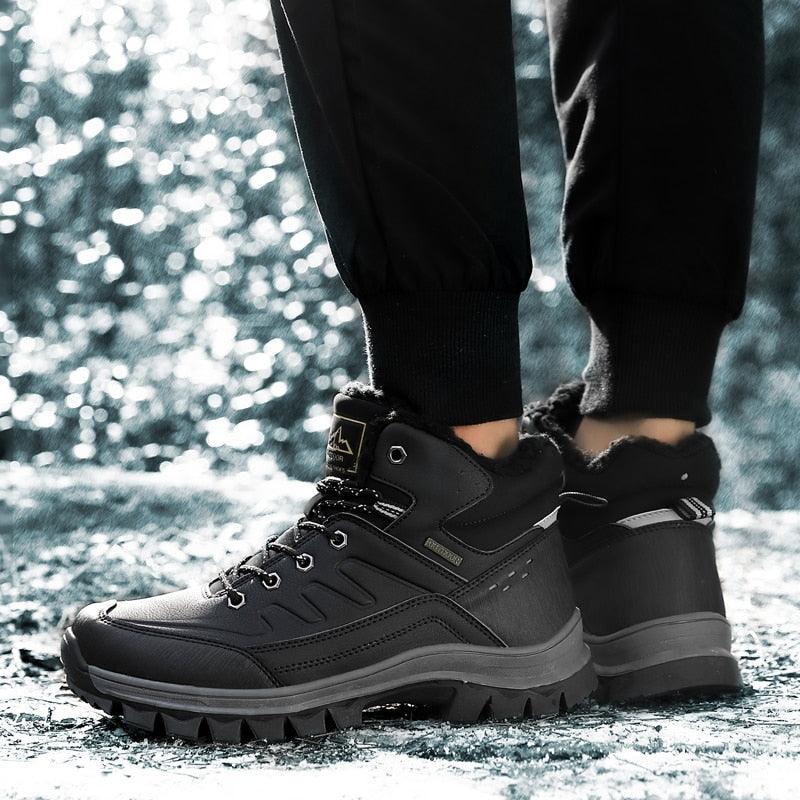 Stevvex men's winter boots with plush fur lining, black waterproof leather lug sole pair on Tampa Home & Garden Store