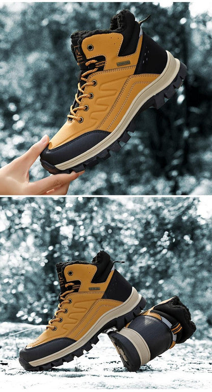Stevvex winter boots tan leather uppers, black trim, plush lining, waterproof, lug sole pair on Tampa Home & Garden Store