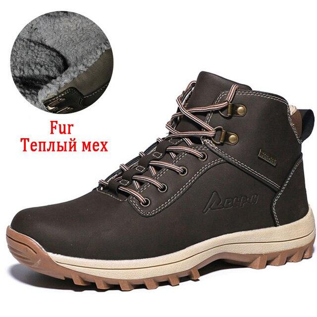 Stevvex men's winter boots dark leather ankle with plush fur lining and rugged lug sole on Tampa Home & Garden Store