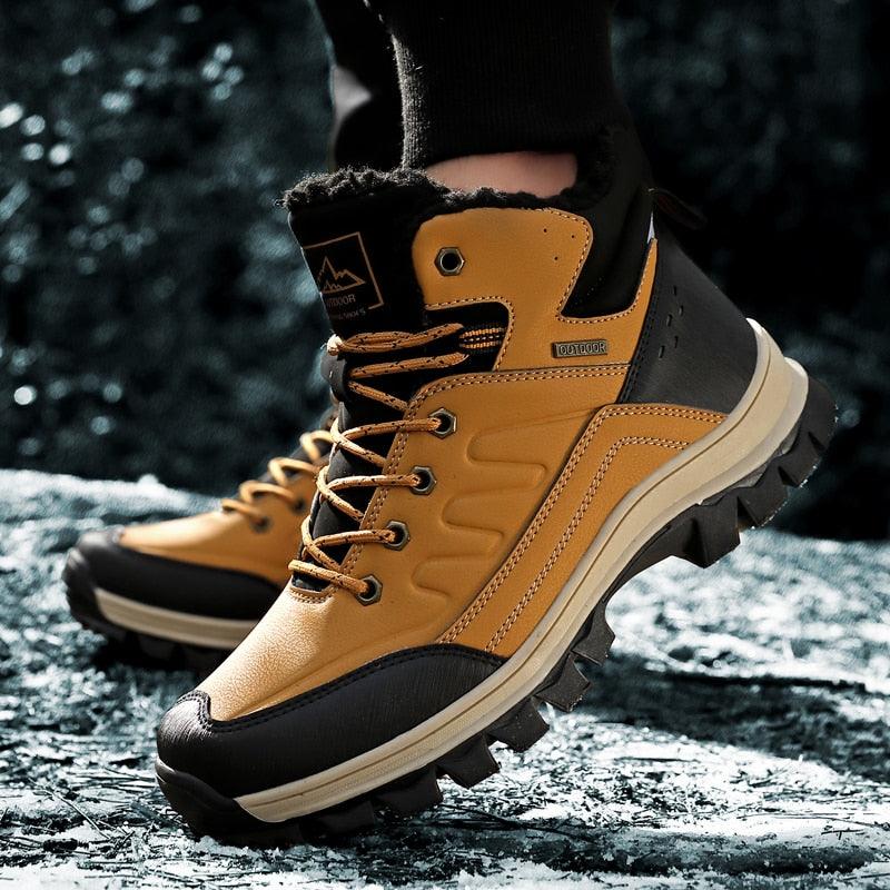 Stevvex winter boots in tan leather with black toe cap and rugged lug sole on outdoor on Tampa Home & Garden Store