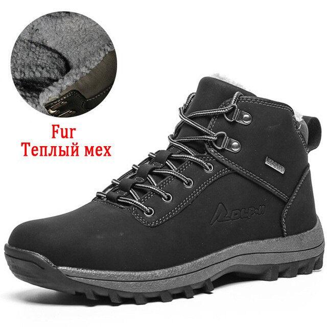 Stevvex black leather winter boots with plush fur lining, waterproof rugged ankle hiking boot on Tampa Home & Garden Store