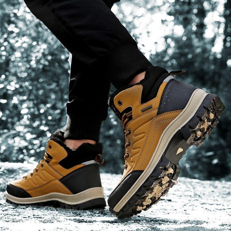 Winter mens boots by Stevvex, tan leather hiking boots with black trim and plush lining on Tampa Home & Garden Store